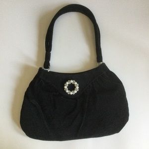 Black Velvet Mini Bag With Silver Pearl & Rhinestone Embellishment